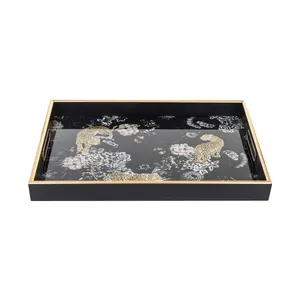 Customize Any Design Glass Print Tray Various Frames Black Flowers Decorative Serving Tray
