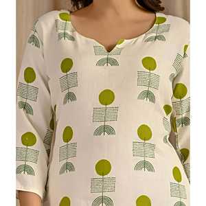 Vestidos Kurti Rectos de Algodón y Yute con Estampado Butta Blanco y Verde, Transpirables, con Elementos de Moda Sencillos - Product Image 2