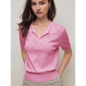 Women's Knitted <b>Argyle</b> Short Sleeve for Polo <b>Sweater</b>-Casual Logo Print Top - Product Image 3