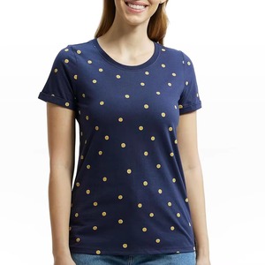 Camiseta de Mujer Azul Marino con Puntos, Cuello Redondo, Manga Corta, Corte Regular, Algodón Jersey, Estilo Casual con Diseño de Rayas - Product Image 1