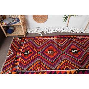 Vintage Turkish Herki <b>Rug</b> 3.2x9.9 ft, Orange <b>Runner</b> Check Wool <b>Rug</b> - Product Image 5