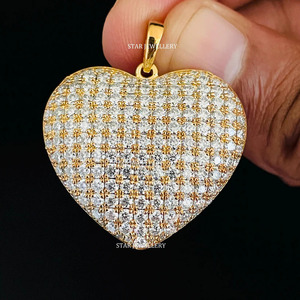 14K Solid Gold Natural Diamond Solid Gold Puffed <b>Heart</b> Pendant Fine Jewelry. - Product Image 1