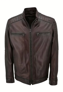 Chaqueta Bomber de Cuero Genuino Marrón Oscuro para Hombre, Chaqueta de Motociclista con Hombros Acolchados, Cierre de Cremallera, Transpirable, Informal, para Invierno - Product Image 4