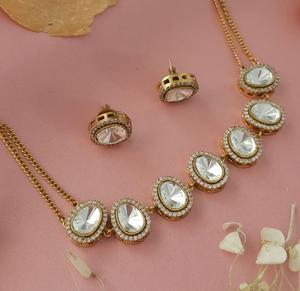 Elegant Best Quality <b>Gold</b> Plated Stones Look Chain Necklace <b>Set</b> With <b>Earrings</b> Wedding Wear Collection For Women - Product Image 1
