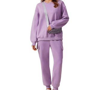 Survêtement pour femmes 100% coton manches longues poids lourd vêtements de rue couleur unie col rond fermeture à cordon tous les jours - Product Image 4