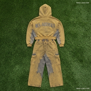 Custom Women Acid Wash Khaki Gray <b>Cropped</b> Zip Hoodie Cargo <b>Jogger</b> Set Cotton Fleece Streetwear Tracksuit OEM Wholesale - Product Image 5