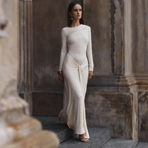 Abito <span class=keywords><strong>Lungo</strong></span> Elegante <span class=keywords><strong>Bianco</strong></span> Personalizzato <span class=keywords><strong>con</strong></span> Maniche Lunghe e Drappeggio, <span class=keywords><strong>Vestito</strong></span> da Sera in Jersey Elasticizzato <span class=keywords><strong>con</strong></span> <span class=keywords><strong>Spacco</strong></span> per Donna - Product Image 2