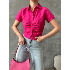 Blusa de Algodón con Fruncido Frontal Color Fucsia para Mujer, Marca TOPSHOW - Blusa Elegante e Informal de Manga Corta para Venta al Por Mayor - Product Image 3