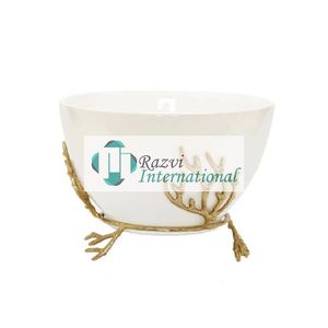 <b>White</b> Color Glossy <b>Bowl</b> on Gold Coral Design Base Food <b>Bowl</b> Fancy Style Latest <b>Serving</b> Dinner & Lunch Modern Food <b>Serving</b> <b>Bowls</b> - Product Image 1