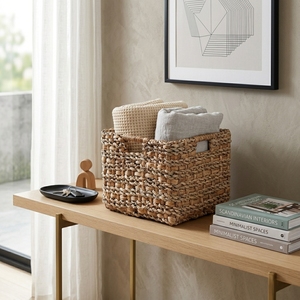 Natural Water Hyacinth Seagrass Storage Basket Cube <b>Square</b> <b>Bin</b> Inset Cutout Handle Pure Art Setup Room Decor Art Handcraft Setup - Product Image 5