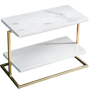 <b>Two</b> <b>tier</b> rectangular white stone <b>cake</b> <b>stand</b> with gold metal support modern dessert display wedding table decor party platter new - Product Image 1