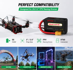Batterie Lipo de haute qualité pour drone FPV 1500mAh 14.8V 60C avec connecteur XT60, spécialement conçue pour les drones de course FPV de 3,5 pouces - Product Image 2