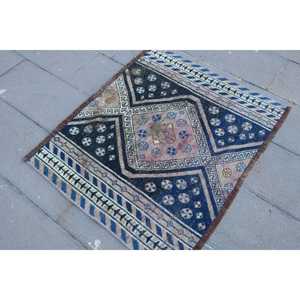 Tapis turc vintage 3,5x2,8 pi (106x86 cm), tapis oriental en laine bleue - Product Image 2