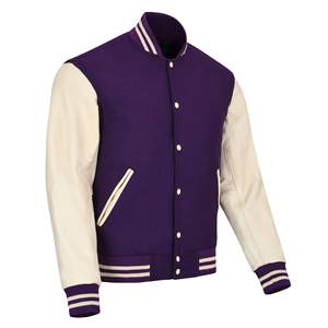 Chaqueta Varsity Morada para Hombre con Mangas Color Crema, Cuello Alto, Cierre de Botones, Estilo Preppy, para Otoño - Product Image 1