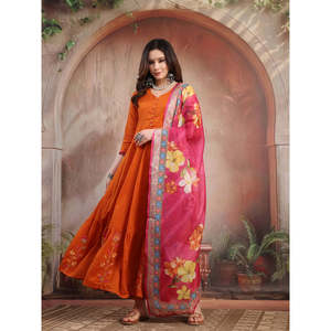 ชุดอานาร์กาลีปักลายสีสนิมสำหรับผู้หญิง พร้อมผ้าคลุมไหล่ สไตล์ปากีสถาน สำหรับงานเทศกาลและงานปาร์ตี้ - Product Image 1