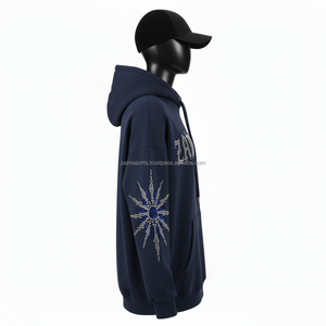 Sudadera con capucha de lana de algodón pesado GSM 350 de lujo para mujer, diseño de diamantes de imitación azul marino, ropa de calle con logotipo personalizado, sudadera básica para mujer - Product Image 3