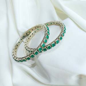 Aasma 925 Sterling Silver Geometric Women's Fine <b>Bangle</b> with Channel <b>Set</b> Emerald Cut Semi-Precious Emerald Stone Everyday Wear - Product Image 2