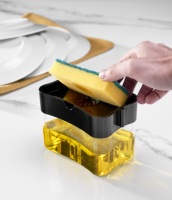 Afossa Distributeur de savon à vaisselle en plastique à double compartiment avec support pour éponge, pompe doseuse, conteneur transparent pour éviers de cuisine, facile à utiliser, rechargeable