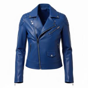 Relaxed Fit Blue Leather Biker Jacket Women Custom Bulk Wholesale Factory Price Genuine <b>Motorbike</b> Style Ladies Coat OEM Jacket - Product Image 2