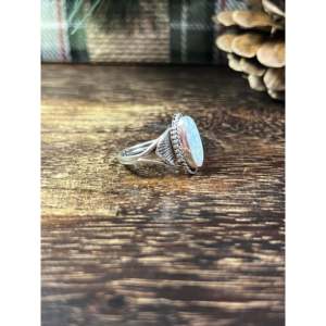 Navajo Made Opal & Platinum Sterling <b>Silver</b> <b>Ring</b> Geometric Gemstone with Pearl Size 7.5 Rhodium Plated for Everyday Wear - Product Image 3
