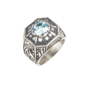 Men's 925 Sterling <b>Silver</b> Octagonal Aquamarine <b>Ring</b> Pen-Shaped with Zircon Stone Gift - Product Image 1