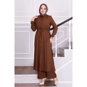 Ensemble hijab formel-casual marron avec pantalon ceinturé, vêtements musulmans à imprimé floral en tissu de crêpe de chiffon tricoté - Product Image 4