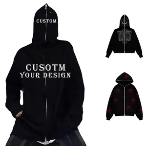 Sudadera con capucha Y2K para hombre, extragrande, con cremallera completa, unisex, de algodón grueso 100% con forro polar, negra, personalizable, con cremallera completa que cubre la cara. - Product Image 2