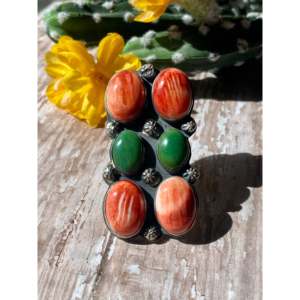 Nelson Johnson Bezel <b>Set</b> Coral & <b>Sterling</b> <b>Silver</b> Cluster <b>Ring</b> Size 8.5 - Product Image 1
