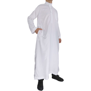 Teñido blanco Hombres musulmanes Thobe Manga larga Color sólido Batas transpirables Cuello alto Abaya Hombres Algodón Thobe / Thawb - Product Image 3