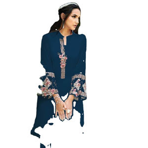 Costume de créateur pakistanais avec georgette lourde et bas en coton extensible doté d'un duppata en soie à vendre en ligne - Product Image 1