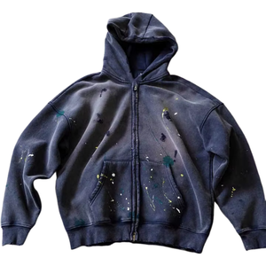 Sudadera con Capucha para Hombre, Estilo Vintage Francés, 100% Algodón, Lavada, Desgastada, Gruesa, con Doble Cremallera y Diseño de Salpicaduras de Pintura, Alta Calidad OEM - Product Image 2