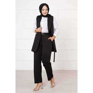 Black <b>One</b> Set Crepe Knitting Fabric Casual Club Style Side-Tie Vest with Embroidered Shorts Summer Short <b>Tops</b> Ankle Length Pants - Product Image 1