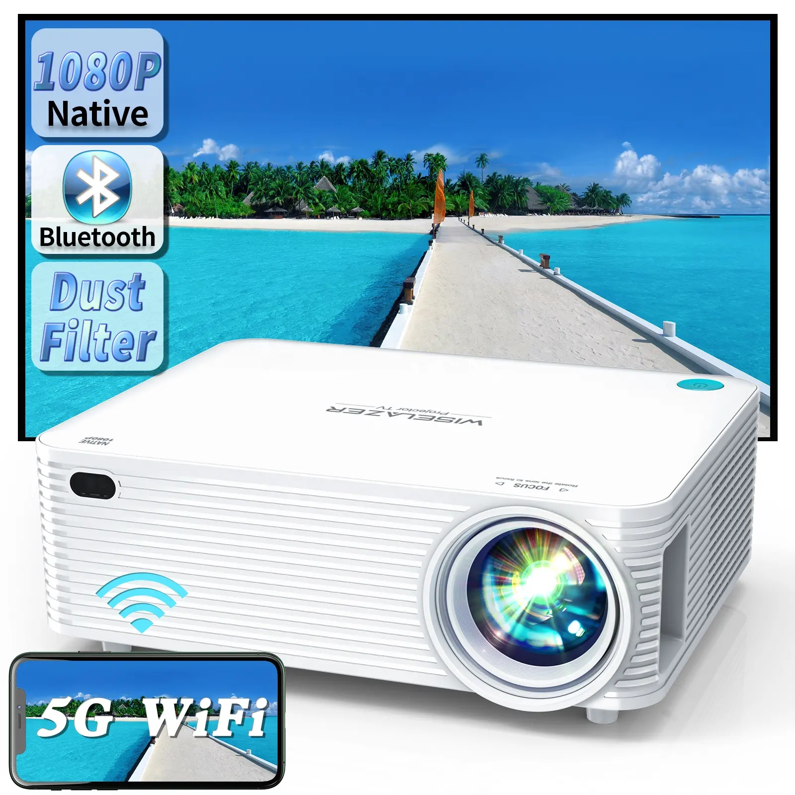 WISELAZER 2022 New Design 1080P LCD 9500 Lumens Full HD Home Theater Video LED Portable Projector for Movie Education Projector