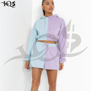 ชุดเสื้อฮู้ดทรงครอป2สีมีสไตล์ของผู้หญิงเสื้อครอปสั้นและล่างมีลวดลายเป็นแผ่นยาวเหนือเข่า - Product Image 3