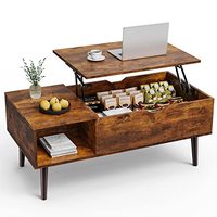 Table basse moderne pliable avec plateau relevable, étagère de rangement et compartiment caché, en bois brun, pour salon et salle à manger