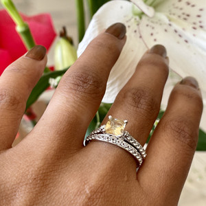Handmade 925 Sterling Silver Shah Gems Engagement <b>Ring</b> for Women Natural <b>Citrine</b> and White Topaz Princess Cut IGI Certified - Product Image 4