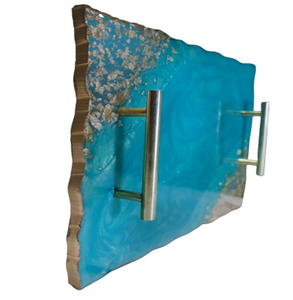 Bandeja de servicio de resina epoxi para manualidades, mango de acero inoxidable, Color azul cielo, bandeja de diseñador hecha a mano de alta calidad personalizada - Product Image 3