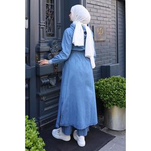 Conjunto de Jeans Midi con Top Largo Elástico con Capucha y Cuello Redondo en Mezclilla Azul, 100% Algodón, Corte Regular, MSW19370-1, Estilo Casual - Product Image 4