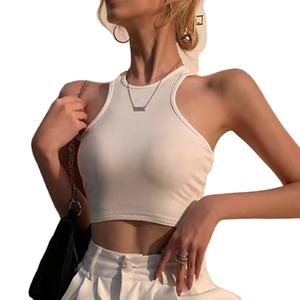 Top corto informal para mujer con cuello redondo logotipo personalizado tanque de algodón acanalado entrenamiento Fitness agujero decoración camisetas sin mangas de punto - Product Image 1