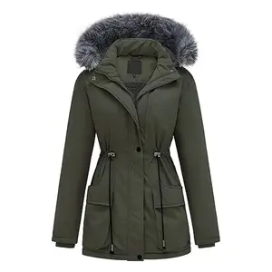 여자의 겨울 두꺼운 파카 재킷 퀼트 코트 퍼 파카 인조 모피 트림 후드 전체 소매 새로운 디자인 파카 재킷