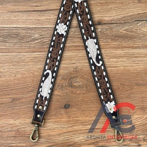 Correa de hombro de 1,5 "de plumas Whipstitch con herramientas manuales correa de bolsa de repuesto Floral occidental de cuero genuino con broches de latón antiguo - Product Image 1