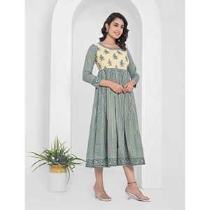 Vestido Anarkali de Algodón con Estampado de Bloques Verde Mar, Diseño Americano Largo - Product Image 3