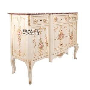 Console classique en bois peinte à la main avec plateau en marbre, détails floraux, élégante console de rangement de luxe - Product Image 6