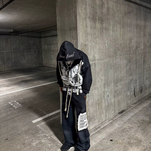 ชุดเสื้อกางเกงวอร์มมีฮู้ดแบบมีซิปพิมพ์ลายหน้าจอออกแบบได้ตามต้องการผ้าปักพลอยเทียมขากว้างสำหรับฤดูหนาว - Product Image 1