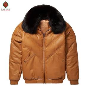 Blouson en cuir pour homme, col mandarin, style V-bomber, doudoune d'hiver décontractée, plusieurs couleurs disponibles, doublure en laine chaude - Product Image 3