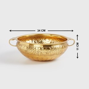 Round Shape Aluminum Gold Color Handmade Design Flower Bowl Urli with Two Handles for Festival Decoration - Product Image 3
