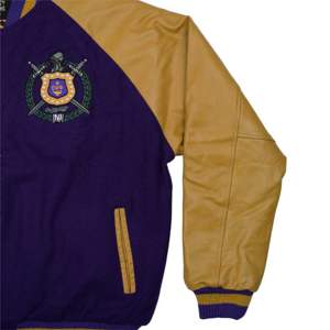 Veste Letterman pour hommes Corps en laine cachemire violet et manches en cuir véritable doré Vêtements grecs Fraternité Varsity Outerwear - Product Image 6