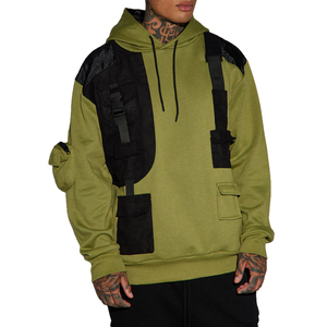 Sudadera con Capucha para Hombre, Estilo Cargo, Holgada, con Hombros Caídos, de Felpa Francesa, Color Vintage, con Bolsillos y Cinturón, Color Oliva - Product Image 1