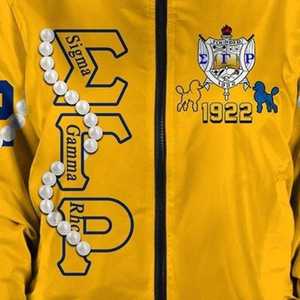 Chaqueta de Satén Griega SGRho Sigma Gamma Rho Azul Rey Dorado 1922 Varsity Sorority Ropa Exterior para Mujer - Product Image 3