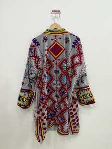Bohemian Floral Embroidered Cotton <b>Jacket</b> <b>Mandarin</b> <b>Collar</b> Batwing Sleeve Long Loose Vintage Style Spring Wear Unisex - Product Image 2